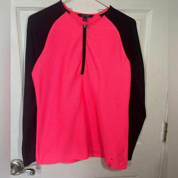 Lauren Ralph Lauren Tops - Lauren Ralph Lauren neon pink black waffle-knit 1/4-zip athletic top Size Large